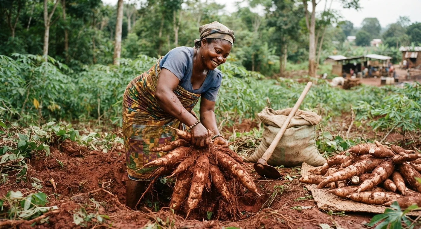 A Ghanaian cassava farmer lifting a cluster of freshly dug cassava roots from red forest soil, a hoe and a heap of harvested tubers beside her, documentary photograph