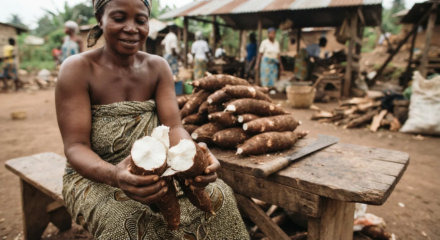 A split cassava root held open to show its white flesh, a stack of freshly harvested roots and a machete on a wooden bench behind it, documentary photograph