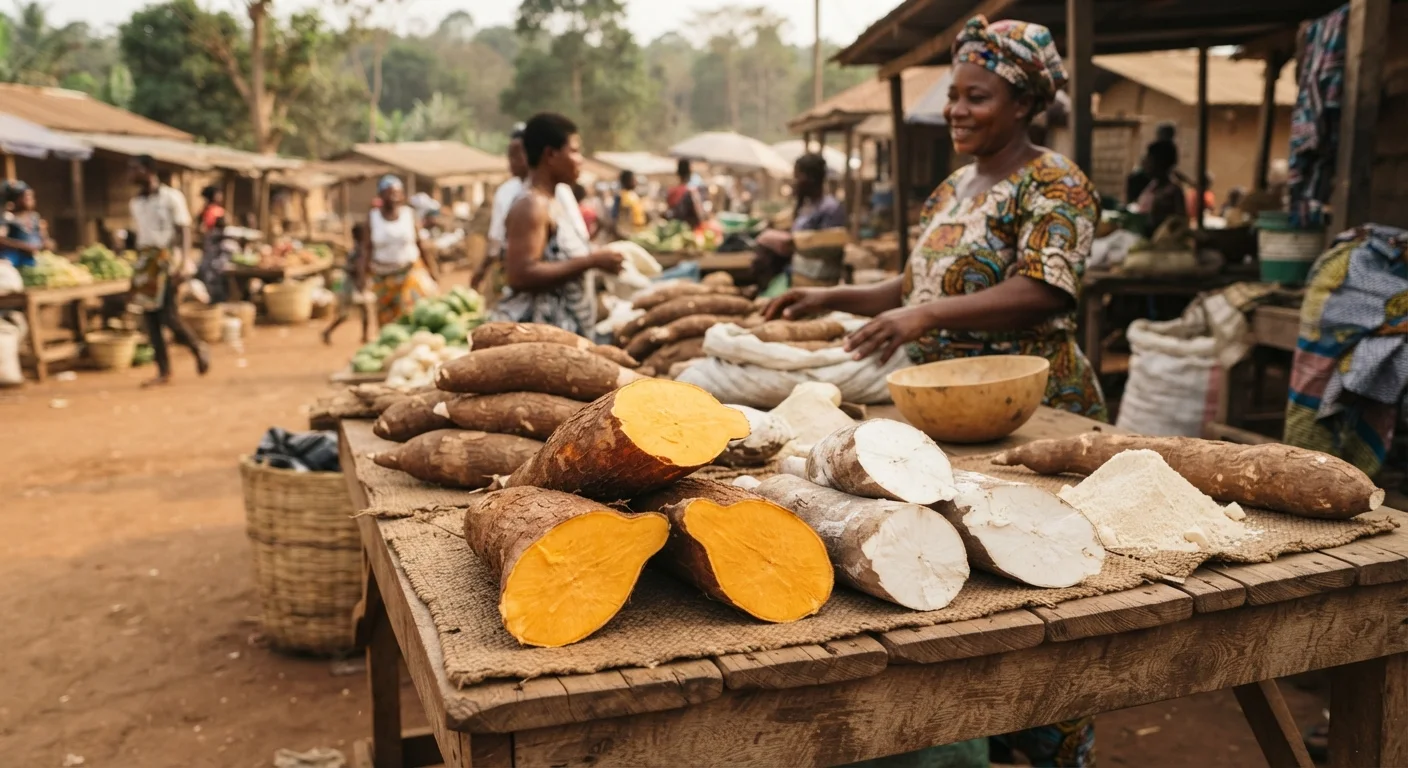 Yellow-fleshed, high-beta-carotene cassava roots sliced open on a market table, their deep orange-yellow flesh contrasting with ordinary white cassava beside them, documentary photograph