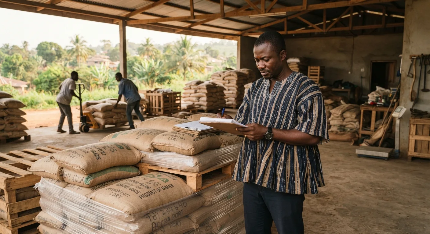 A Ghanaian exporter's warehouse with pallets of bagged, branded cassava products ready for shipping, a manager checking a manifest, documentary photograph