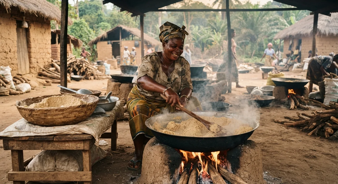A Ghanaian woman roasting gari over a wood fire in a wide pan at a cottage processing yard, sifted cassava mash beside her, documentary photograph