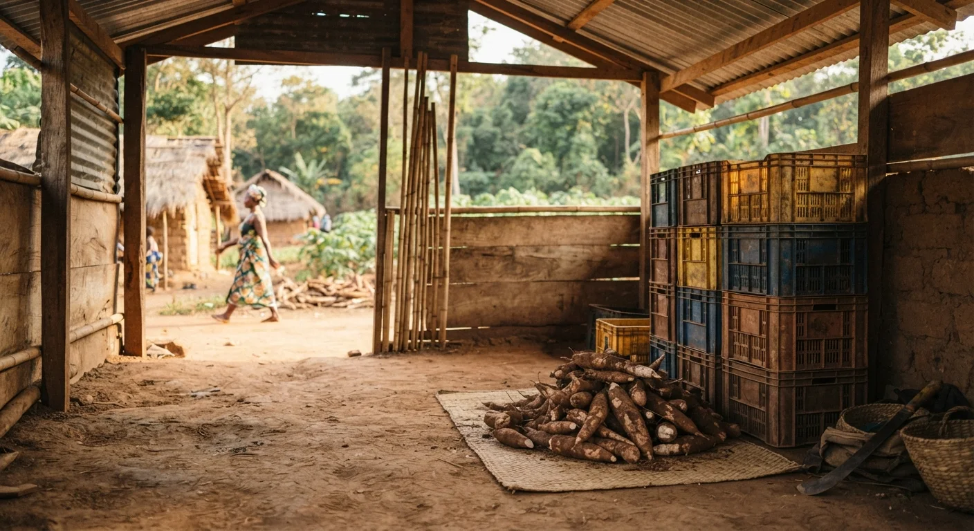 A near-empty rural storage shed with a small heap of cassava roots and stacked but unused crates, no cold store, documentary photograph