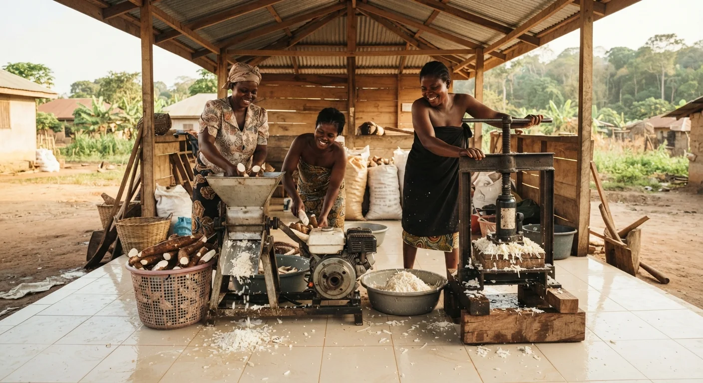A mid-scale Ghanaian cassava processing unit with a mechanized grater and press running, a few workers feeding peeled roots, a clean tiled floor, documentary photograph