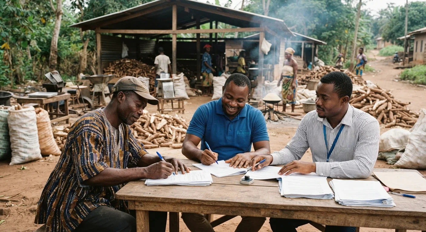 A Ghanaian cassava outgrower and a technical operator signing a tri-partite contract with a bank officer present, a processing shed in the background, documentary photograph