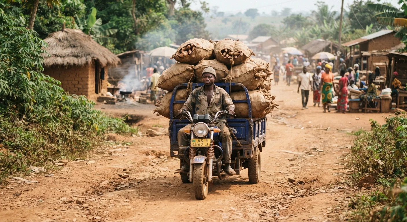 A loaded three-wheeled tricycle truck carrying sacks of cassava roots along a rural Ghanaian road toward a market, driver at the handlebars, documentary photograph