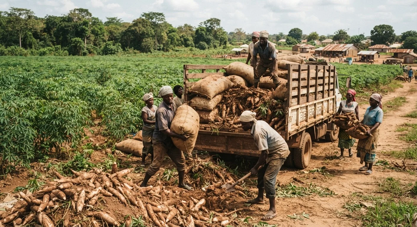 Ghanaian farm workers loading sacks and a loose heap of freshly harvested cassava roots onto a truck at the edge of a field, the roots destined for a quick sale before they rot, documentary photograph