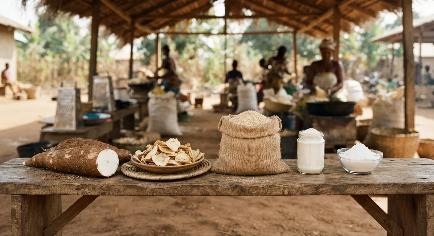 A staged arrangement of cassava products climbing in value, from a raw root to dried chips to a bag of gari to fine flour to refined white starch, on a wooden bench, documentary photograph