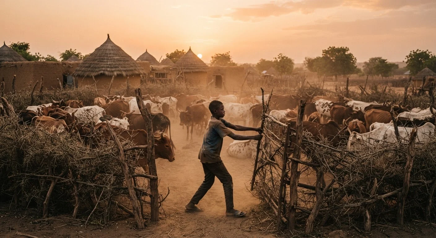 Cattle penned inside a traditional thorn-branch kraal at dusk in northern Ghana, fine dust hanging in the low orange light, mud-and-thatch compound buildings behind, a young herder swinging the gate closed, documentary photography, natural light, warm earthy tones, no text, no watermark