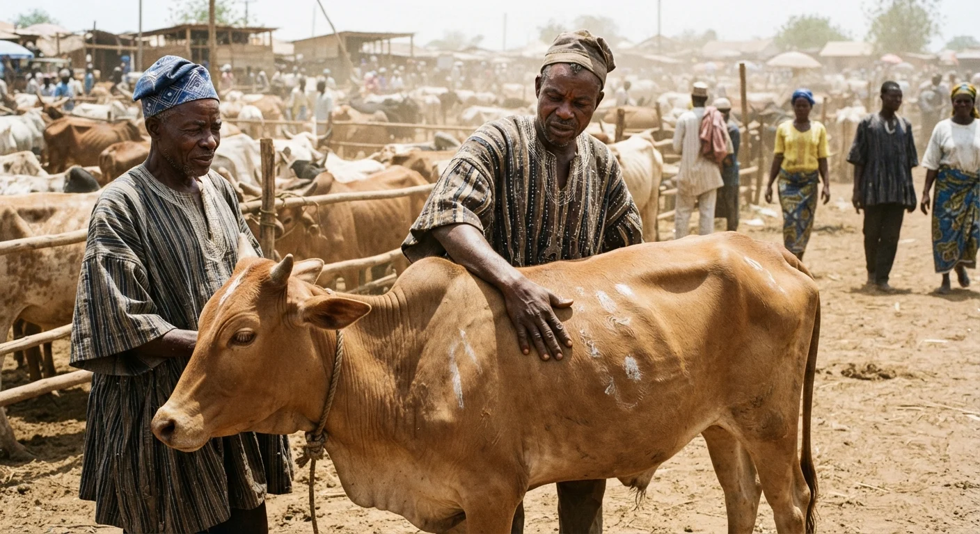 A livestock market in northern Ghana, a trader running his hand along the flank of a lean zebu bullock while the owner watches, crowded dusty pens of cattle and traders behind them, harsh midday sun, documentary photography, natural light, warm earthy tones, no text, no watermark