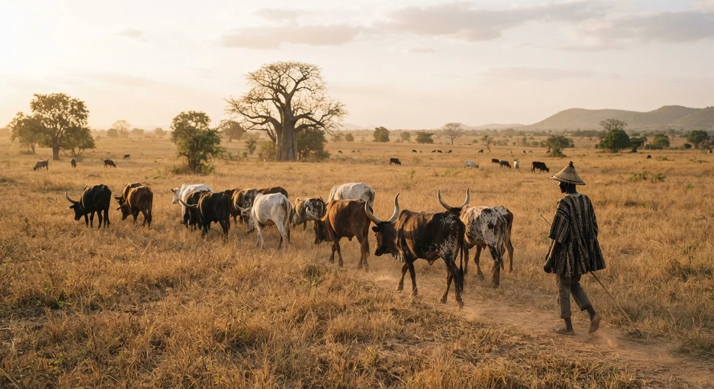 A herd of small hardy Sanga and West African Shorthorn cattle grazing across open northern Ghanaian savannah, dry golden grass, scattered shea and baobab trees, a Fulani herder walking behind them with a long stick, low warm morning light, documentary photography, natural light, warm earthy tones, no text, no watermark