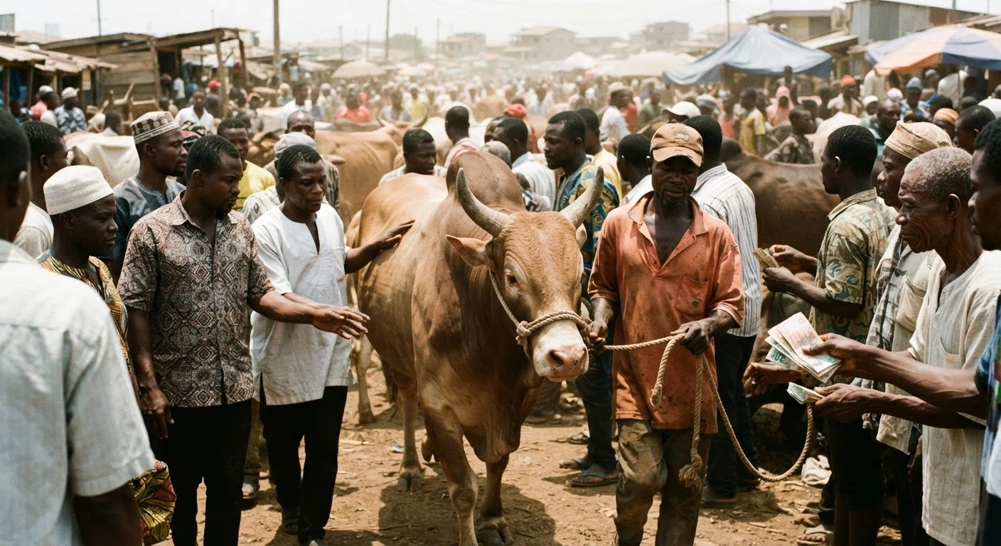 A finished, well-conditioned bull being led on a rope to sale at a crowded Accra livestock market in the days before Eid al-Adha, buyers pressing against the ropes and inspecting the animal, cedi notes changing hands, bright hard midday sun, documentary Ghana photograph