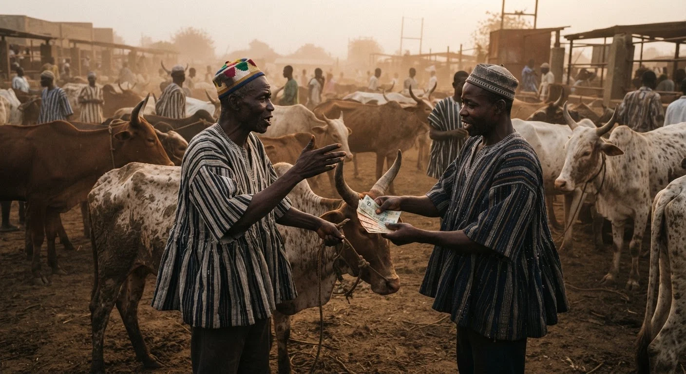 Dawn at a busy northern Ghana cattle market near Bawku, lean zebu and Sanga bulls tethered in dusty pens, traders in flowing smocks and skullcaps negotiating hard over a single bull, cedi notes counted from hand to hand, harmattan haze and red dust in the low light, documentary photograph