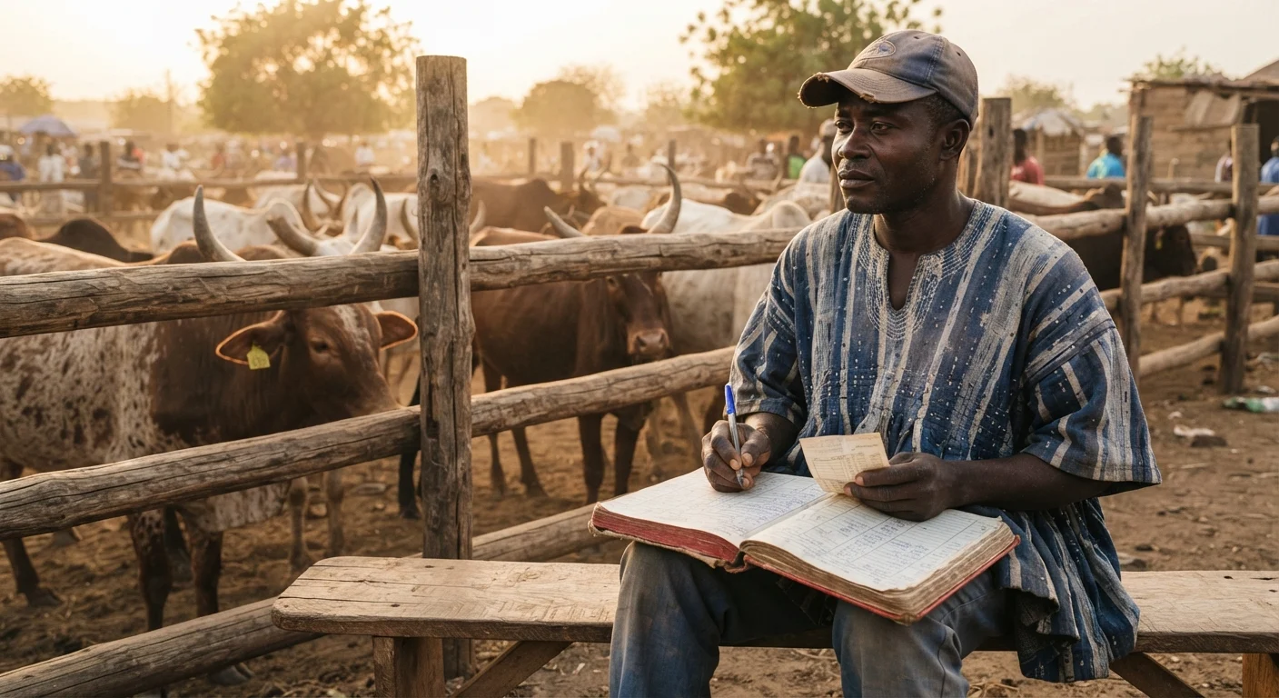 A Ghanaian cattle finisher sitting on a low wooden bench beside a timber kraal, writing buy prices and medicine costs into a worn hardback record book, a biro and a folded market receipt in his hand, finishing cattle behind the rail, warm late-afternoon light, documentary photograph