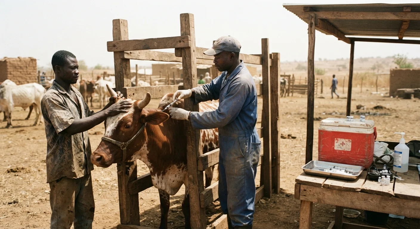 A Ghanaian animal-health technician in overalls vaccinating a newly bought lean bull in a timber crush on intake at a finishing yard, a second man steadying the animal's head, a cool box of vaccine and a syringe tray on a bench, dry-season dust and hard midday light, documentary photograph