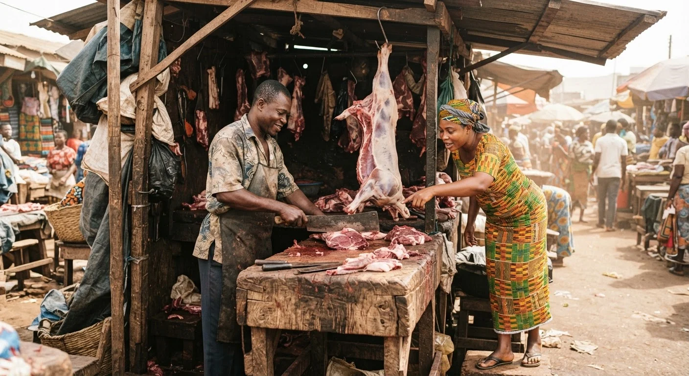 A Ghanaian butcher's stall in an open southern market at mid-morning, a whole fresh carcass hanging on a hook behind the block, the butcher trimming a cut with a heavy knife while a customer points at the meat, warm earthy tones, dust in the light, documentary photograph, natural daylight, no text overlay, no watermark