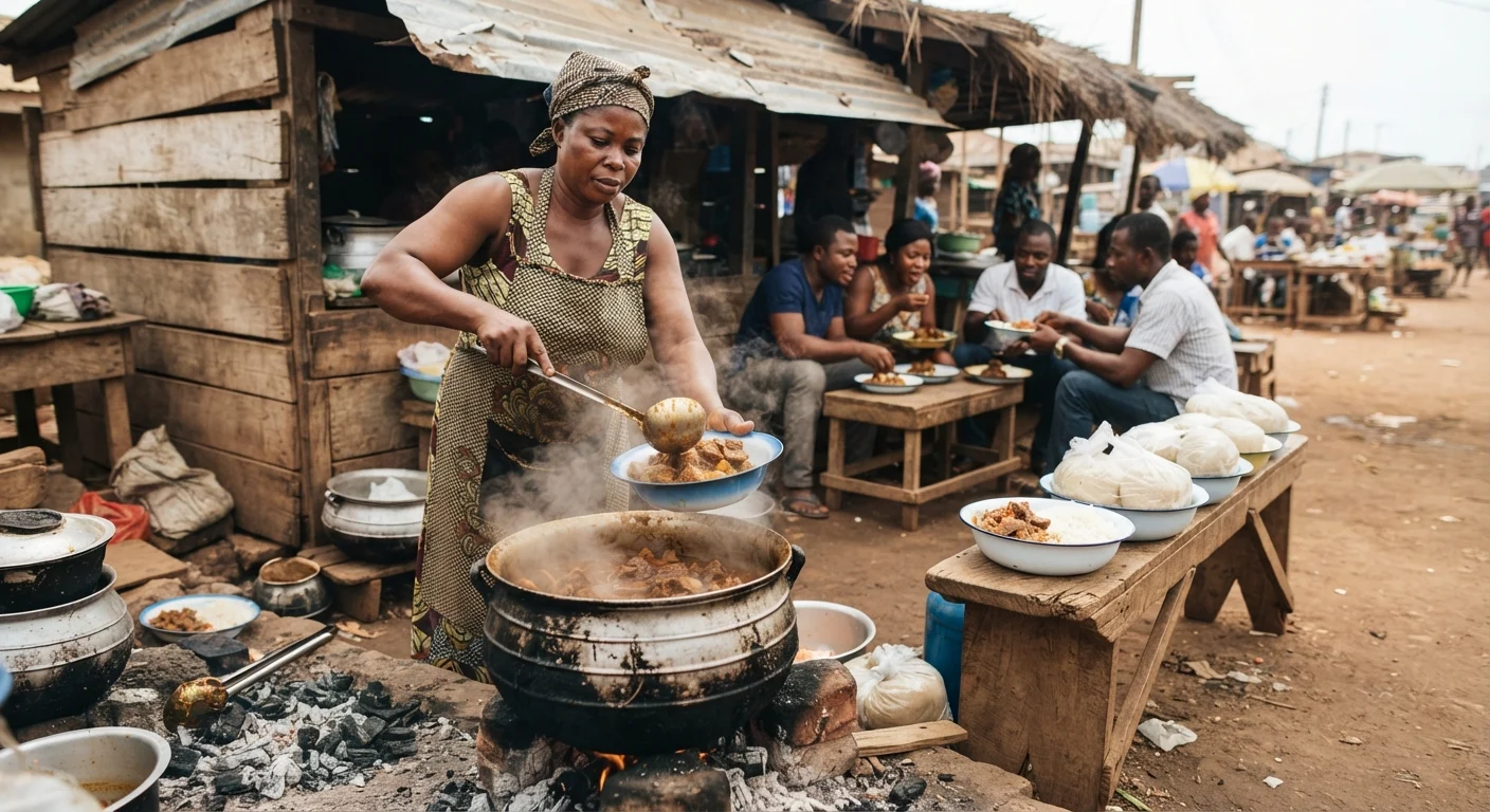 A roadside Ghanaian chop bar at lunchtime, a cook ladling a rich beef stew from a blackened pot over a coal fire, enamel bowls of rice and banku waiting on a wooden bench, customers seated under a shade awning, warm earthy tones, natural light, documentary photograph, no text overlay, no watermark
