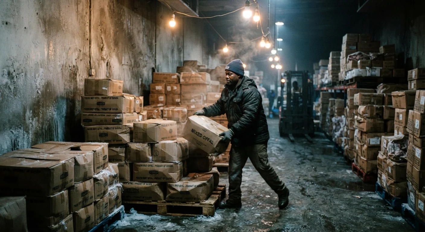 The interior of a Ghanaian cold store, stacked cartons of imported frozen beef offal on pallets under bare bulbs, a worker in a heavy jacket sliding a box from the pile, condensation on the walls, cool light against warm earthy tones, documentary photograph, no text overlay, no watermark