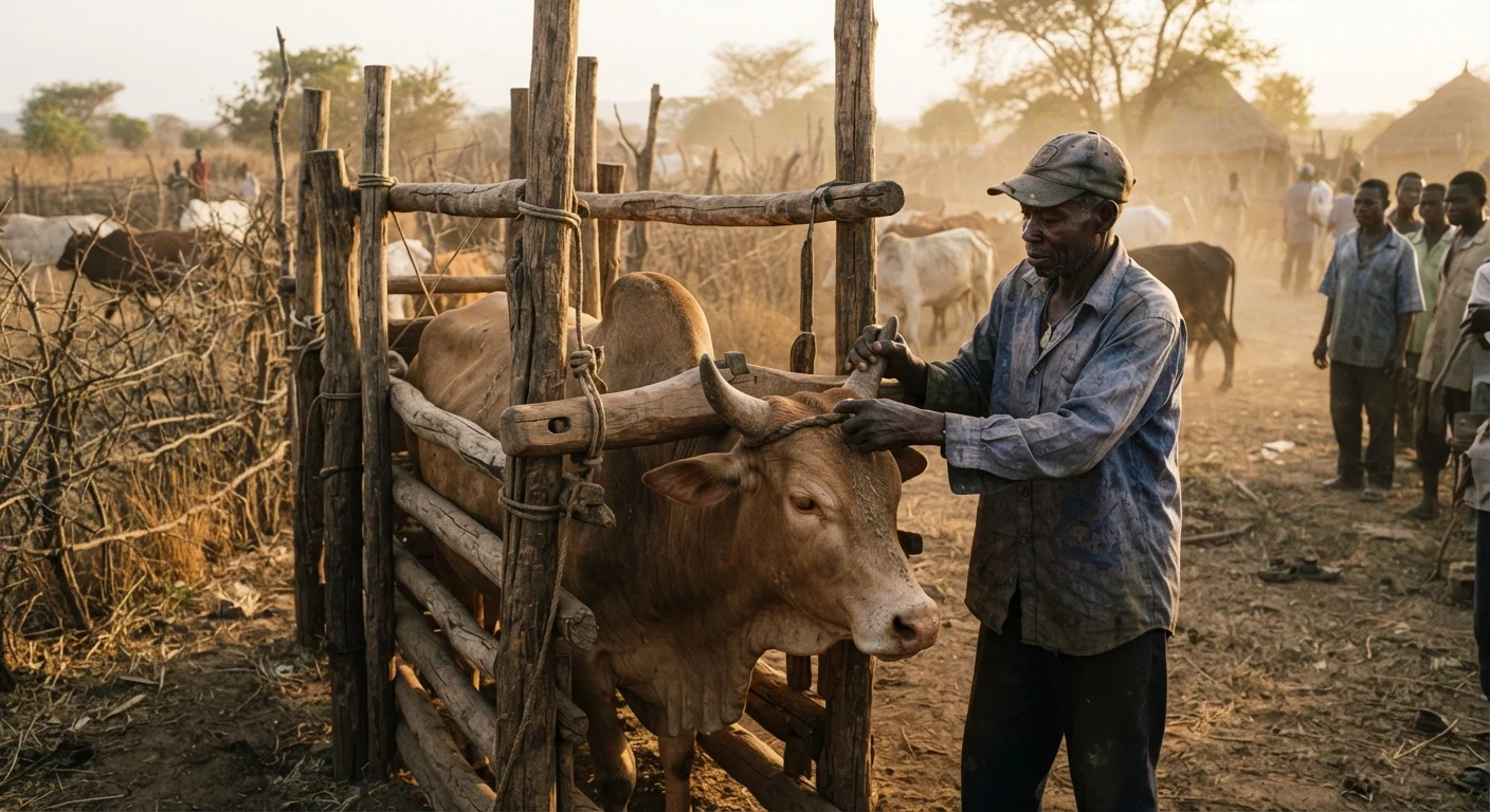 A timber cattle crush in a northern Ghana savannah kraal, a single zebu bull held steady in the narrow race while a herder in a worn shirt steadies its head, dust hanging in low afternoon light, thorn fencing and dry grass behind, documentary photograph, warm earthy tones, natural light, no text, no watermark