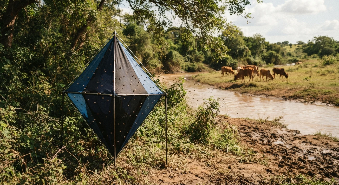 A blue and black cloth tsetse trap staked in riverine scrub beside a cattle watering point in Ghana, flies drifting toward the fabric, a small herd of trypanotolerant N'Dama cattle grazing in the middle distance, dappled shade and green gallery forest, documentary photograph, warm earthy tones, natural light, no text, no watermark