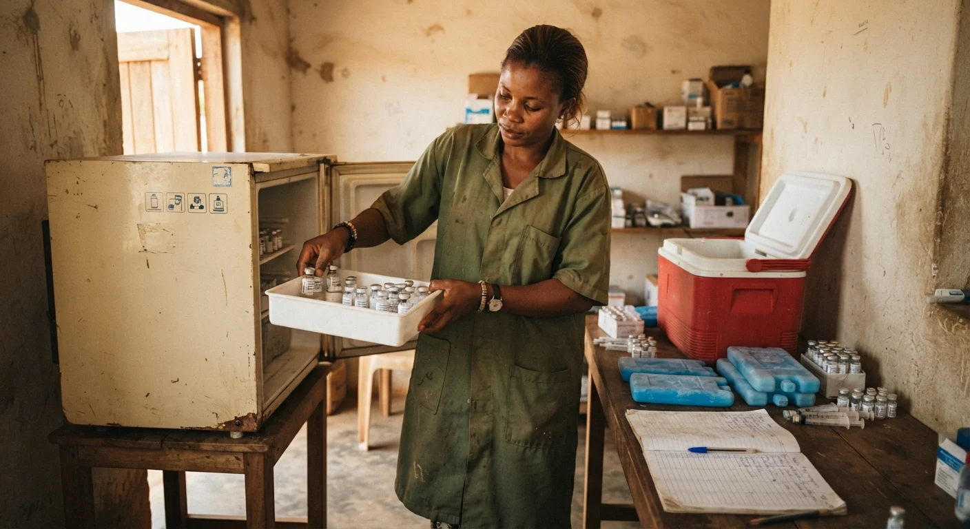 The interior of a small district veterinary cold store in northern Ghana, a technician in a green coat lifting a tray of vaccine vials from a kerosene fridge, a cool box and ice packs on the bench beside a handwritten temperature log, worn concrete walls, documentary photograph, warm earthy tones, natural light falling through an open doorway, no text, no watermark