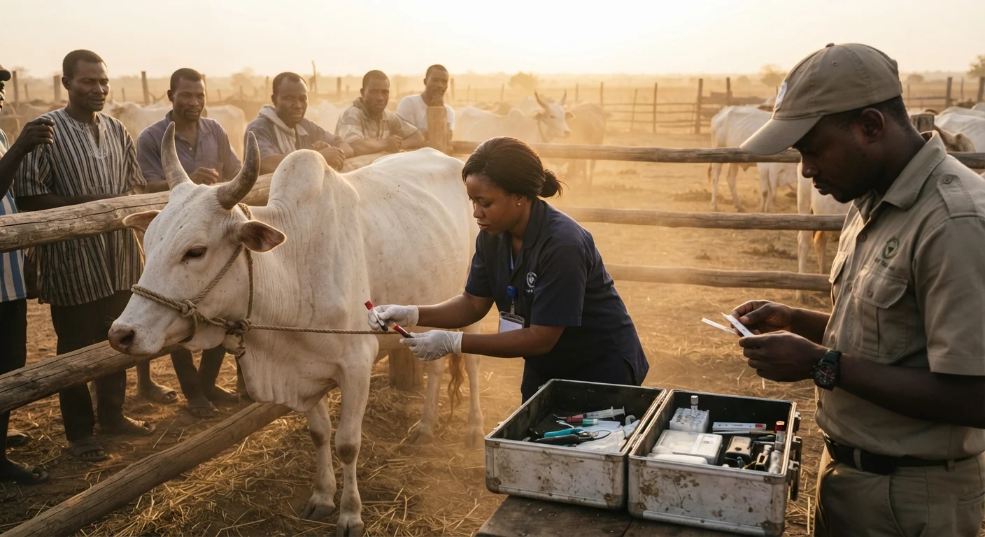 A veterinary field worker crouched pen-side beside a restrained zebu cow in a Ghanaian kraal, drawing a blood sample into a tube while a colleague reads a rapid test strip laid on a metal field case, herders watching from the fence rail, dry season dust and low golden light, documentary photograph, warm earthy tones, natural light, no text, no watermark