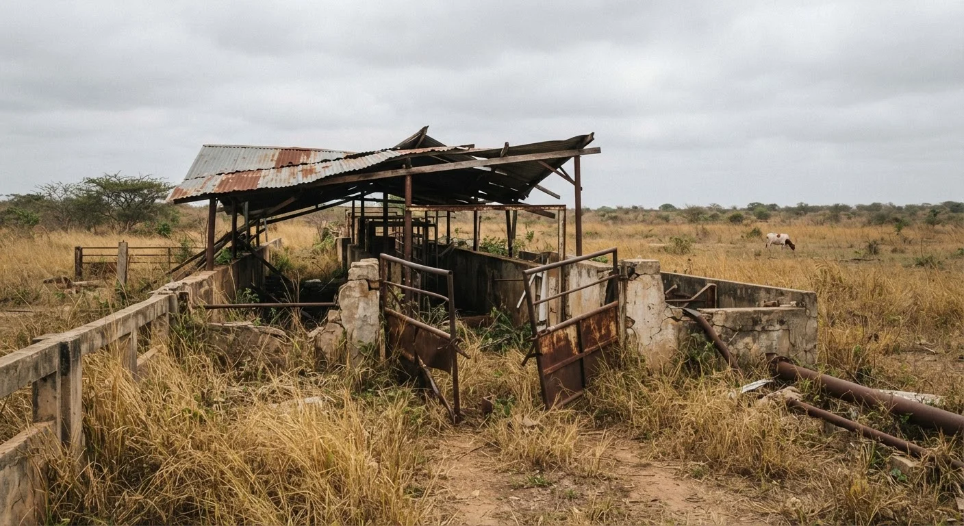 The abandoned buildings of a defunct state cattle ranch in Ghana, a collapsed corrugated roof over an empty concrete crush pen, rusted steel gates hanging open on broken hinges, tall dry grass reclaiming the yard, a single stray cow grazing in the far distance, flat overcast savannah light, documentary photograph, muted earthy tones, no text, no watermark