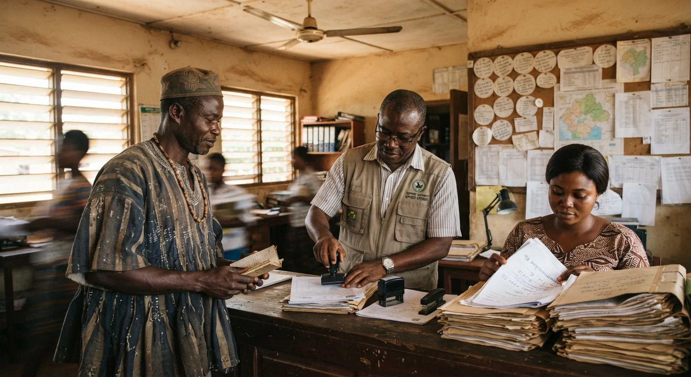 A Ghanaian feedlot operator standing at a district veterinary and licensing office counter, an officer pressing a rubber stamp onto a permit form while a second clerk checks an environmental permit file from a stack of manila folders, a noticeboard of pinned circulars and a slow ceiling fan above, worn wooden counter, documentary photograph, warm earthy tones, natural light through louvred windows, no text, no watermark