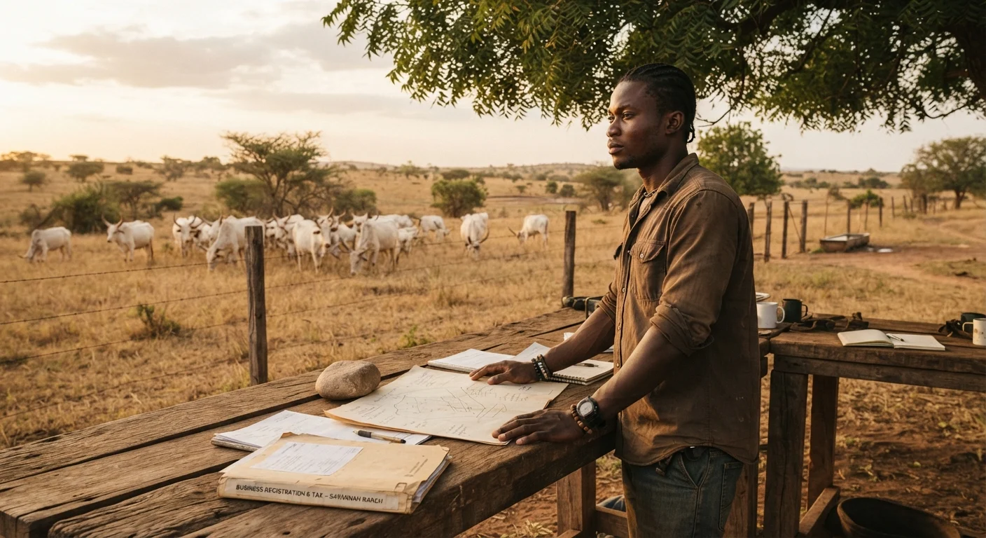 A young Ghanaian ranch owner standing at a rough timber table under a shade tree on a savannah ranch, a hand-drawn paddock plan and a tax registration folder weighted down with a stone against the wind, a herd of white Sanga cattle grazing beyond the wire fence line, dry season grass and thorny acacia, documentary photograph, warm earthy tones, low golden light, no text, no watermark