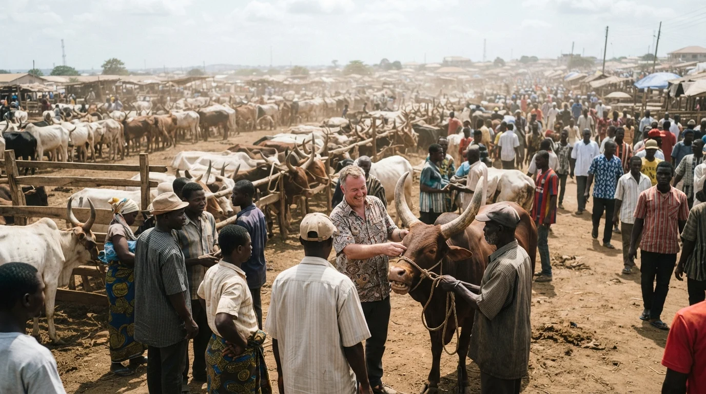 A busy Ghanaian cattle market with live animals changing hands before a festival