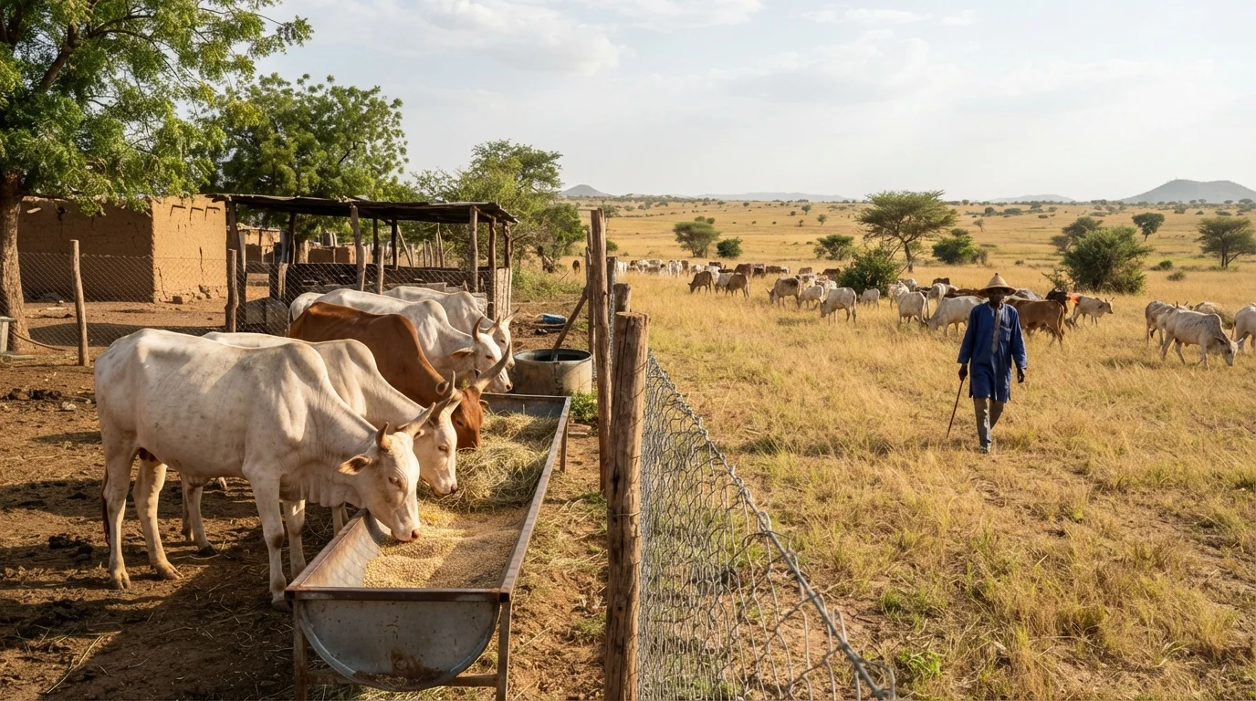 A penned finishing yard where lean northern animals are held and fed, against the open savannah herd