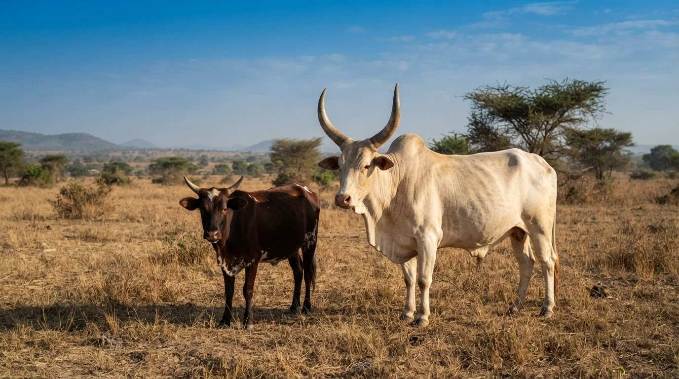 A hardy local Sanga herd standing beside a larger zebu in open savannah