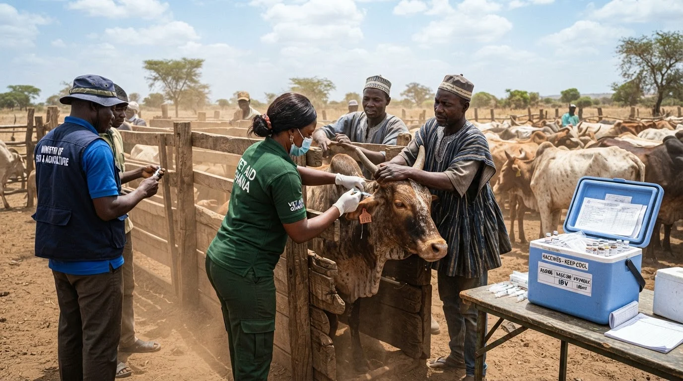 A field vaccination team working cattle in the northern savannah