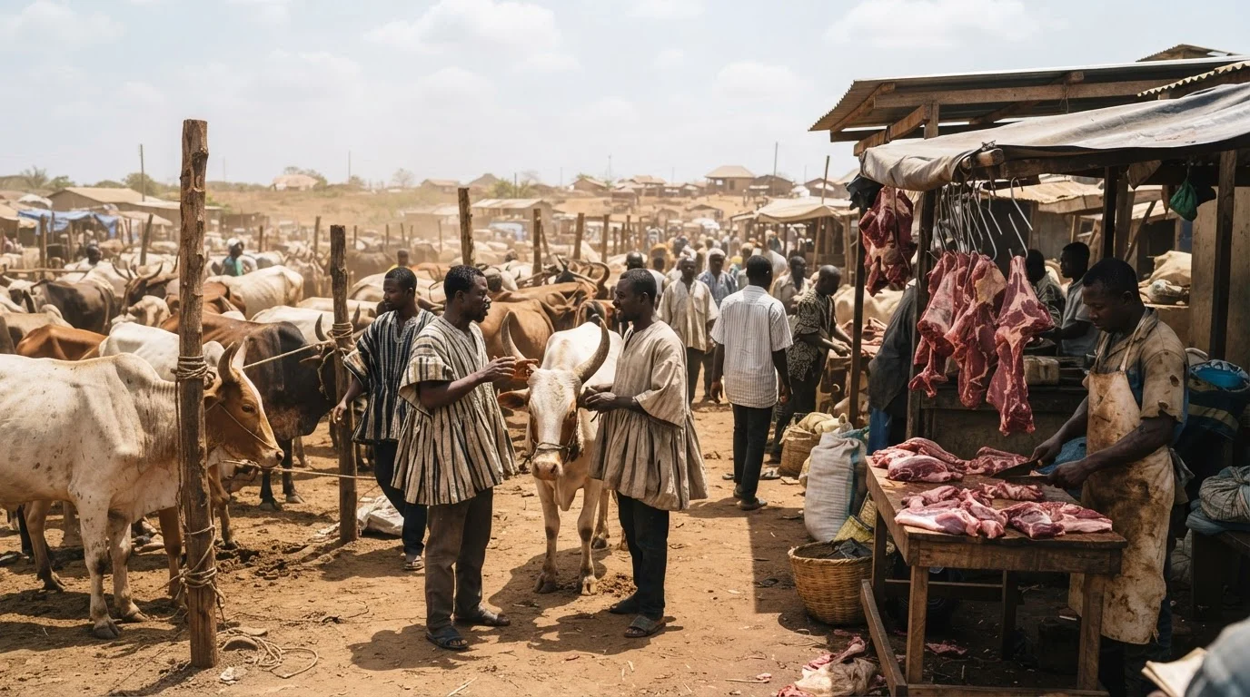 A busy Ghanaian cattle market where live animals, not meat, change hands