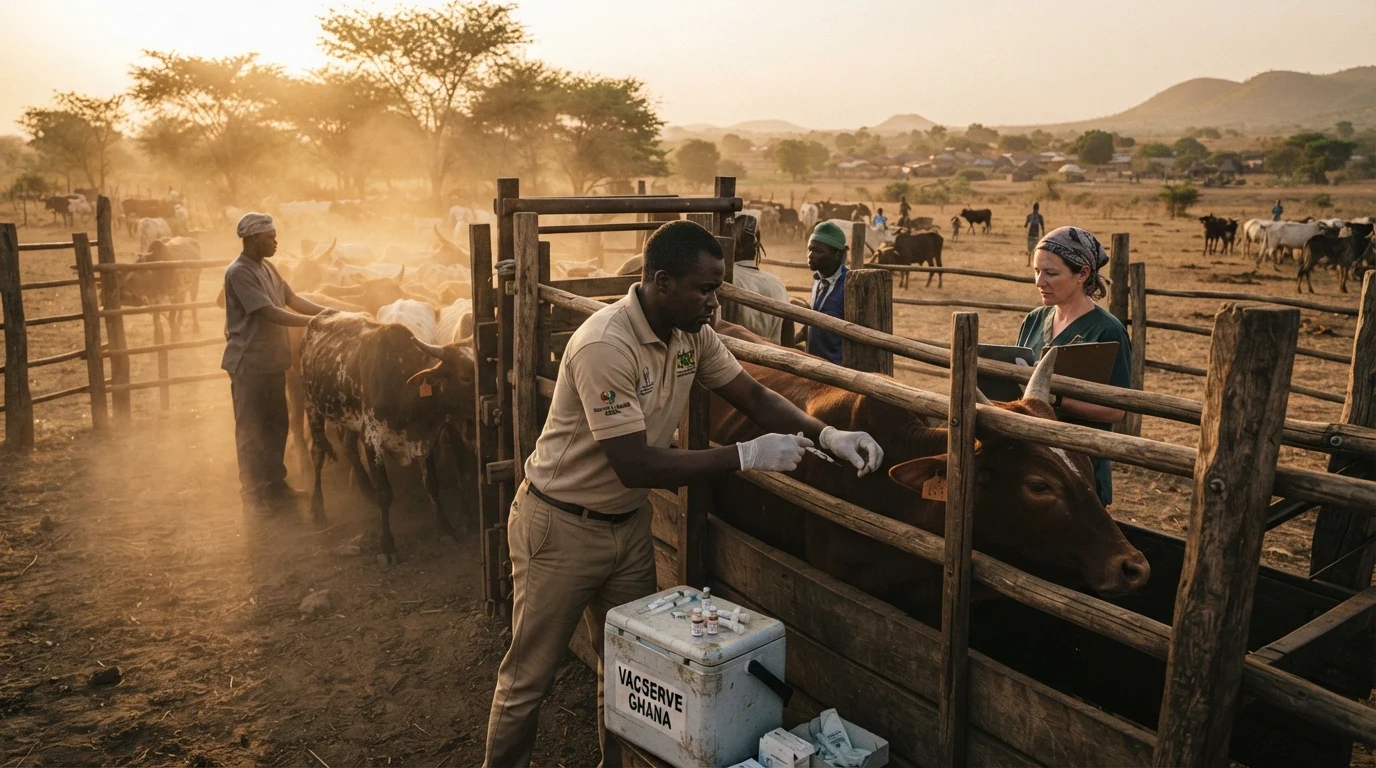 A veterinary team vaccinating cattle in a northern Ghanaian crush pen