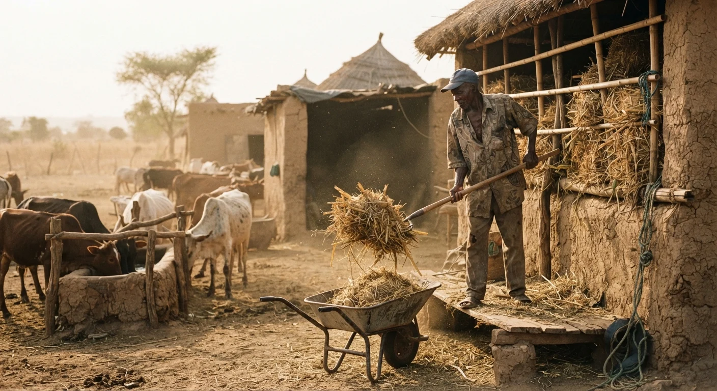 A Ghanaian farmer forking baled maize stover and groundnut haulm from a thatched storage rack into a wheelbarrow beside a mud-walled compound, dry season, cattle waiting at a nearby trough, golden dust in the air, warm earthy tones, documentary photograph, natural light, no text, no watermark