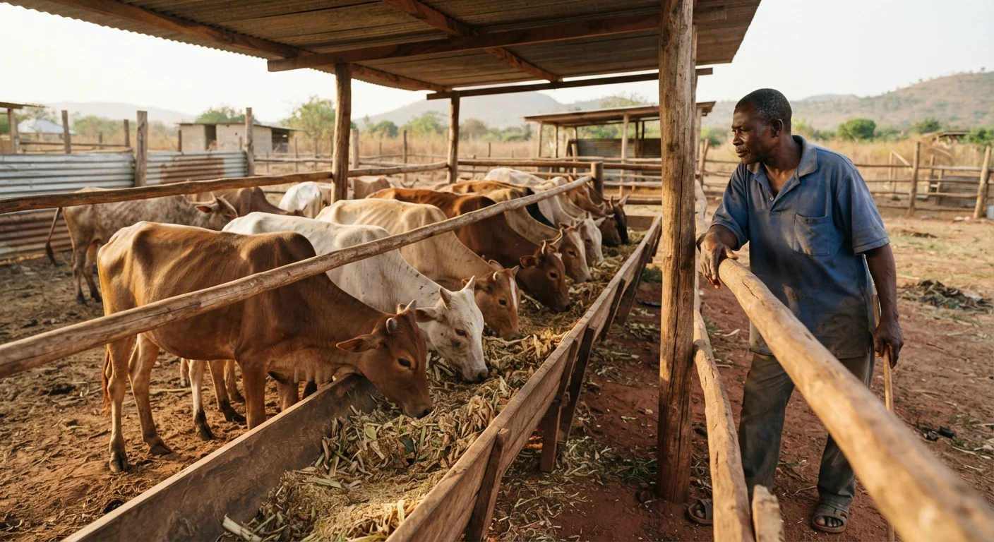 A small commercial cattle finishing pen in Ghana, a dozen lean Sanga steers standing at a wooden feed trough filled with chopped crop residue and concentrate, timber and steel rails, red laterite ground, corrugated shade roof overhead, a stockman leaning on the rail watching them feed, warm earthy tones, documentary photograph, natural light, no text, no watermark