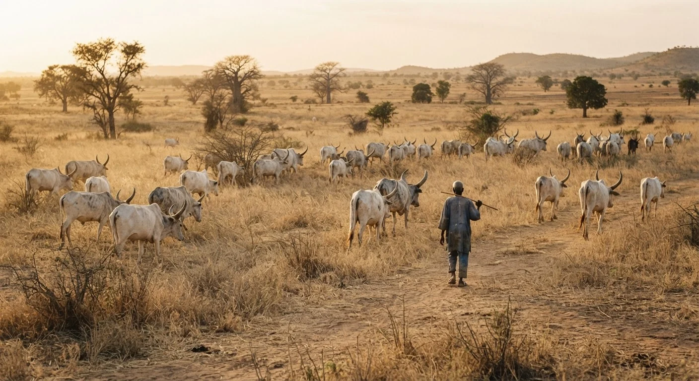 A loose herd of white and grey Sanga cattle grazing free across open northern Ghanaian savannah at golden hour, a single herder with a long stick walking behind them, scattered shea and baobab trees, dry pale grass, warm earthy tones, documentary photograph, natural light, no text, no watermark
