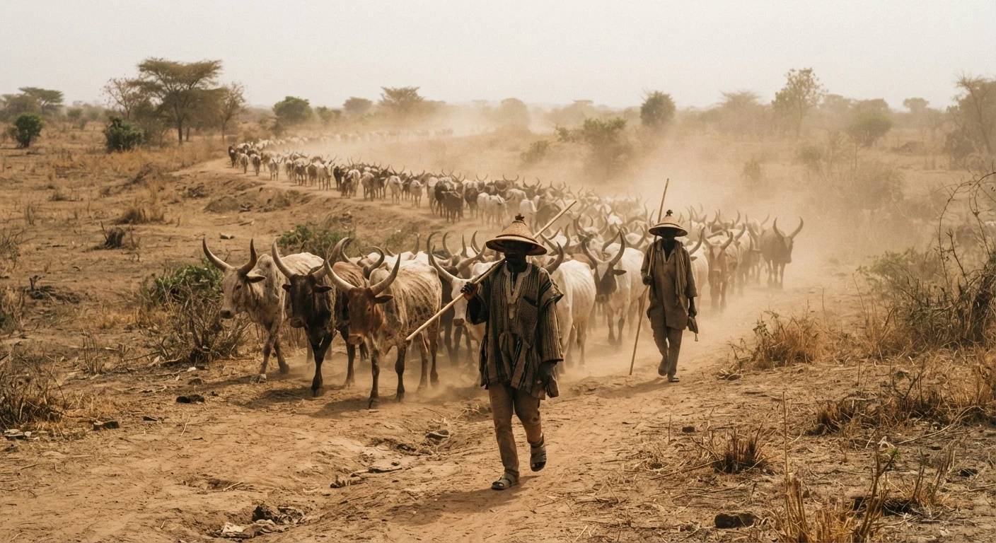 A transhumant cattle drive crossing the dry Sahelian border country into northern Ghana, a long line of horned zebu cattle raising dust on a bare earth track, two Fulbe herders in wide hats walking alongside with staffs, hazy harmattan light, warm earthy tones, documentary photograph, natural light, no text, no watermark