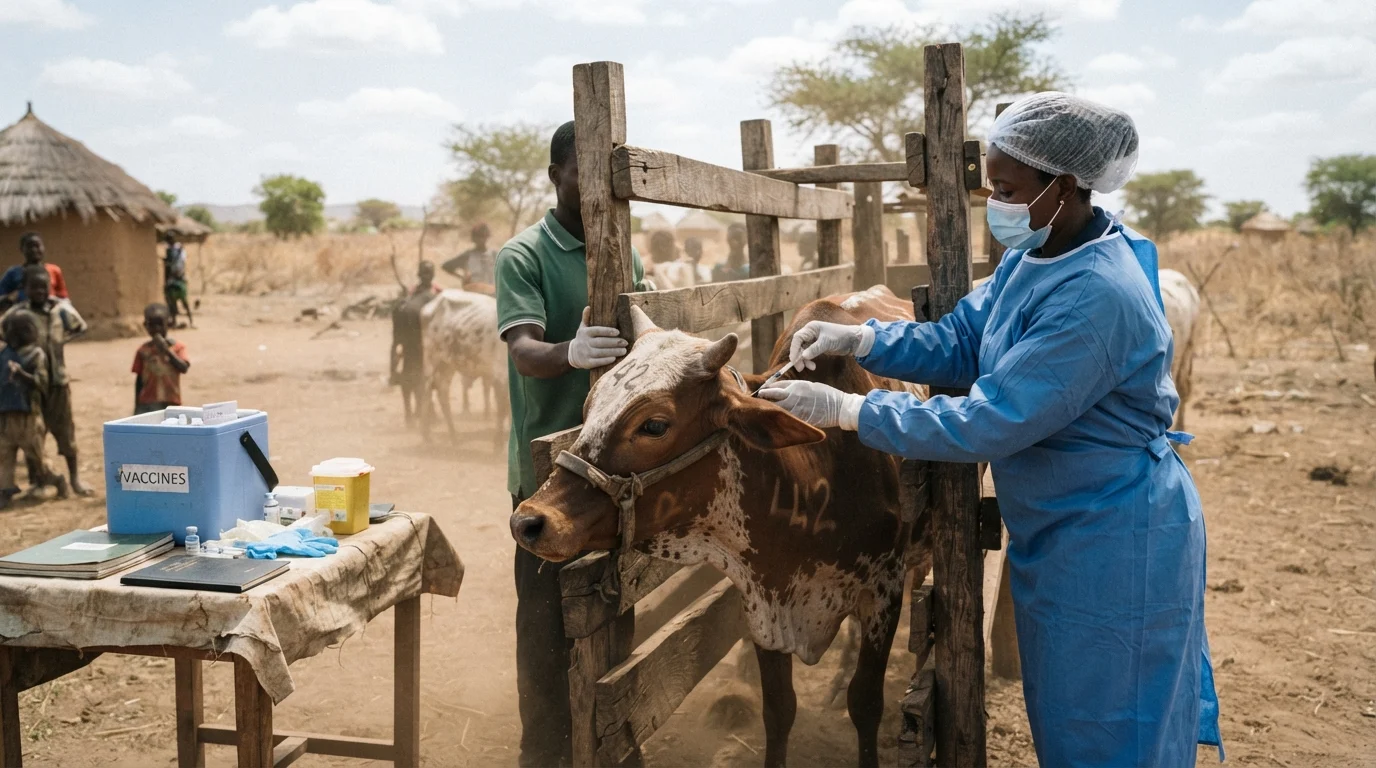 Veterinary workers in scrubs and gloves handling a cow during an anthrax vaccination round