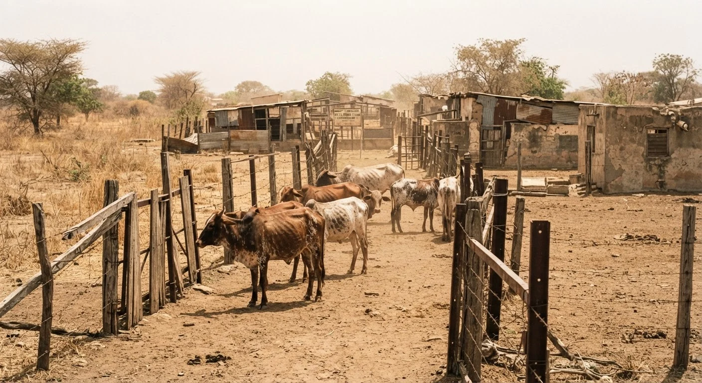 A run-down state cattle breeding station in northern Ghana, unimproved local animals in a bare paddock, no improved fast-growing stock to buy, documentary photograph