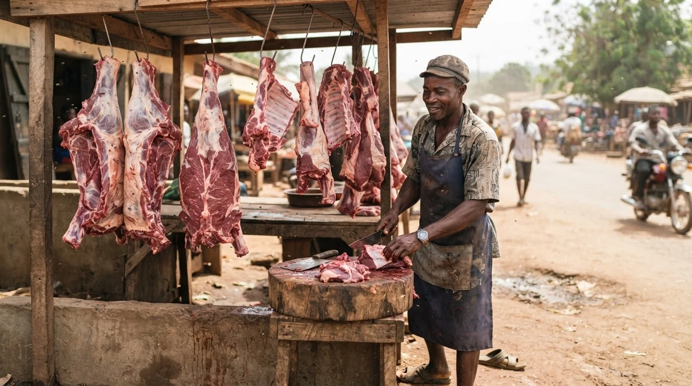 Local fresh beef sold uncooled on an open stall while imported frozen offal keeps for months in cold store