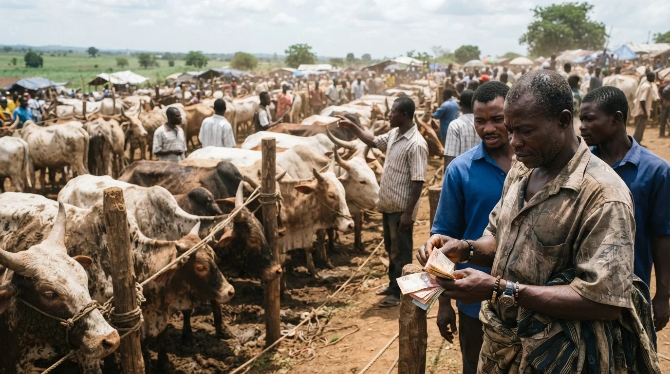 A southern cattle dealer counting the margin captured on animals bought cheap in the north and resold in the south