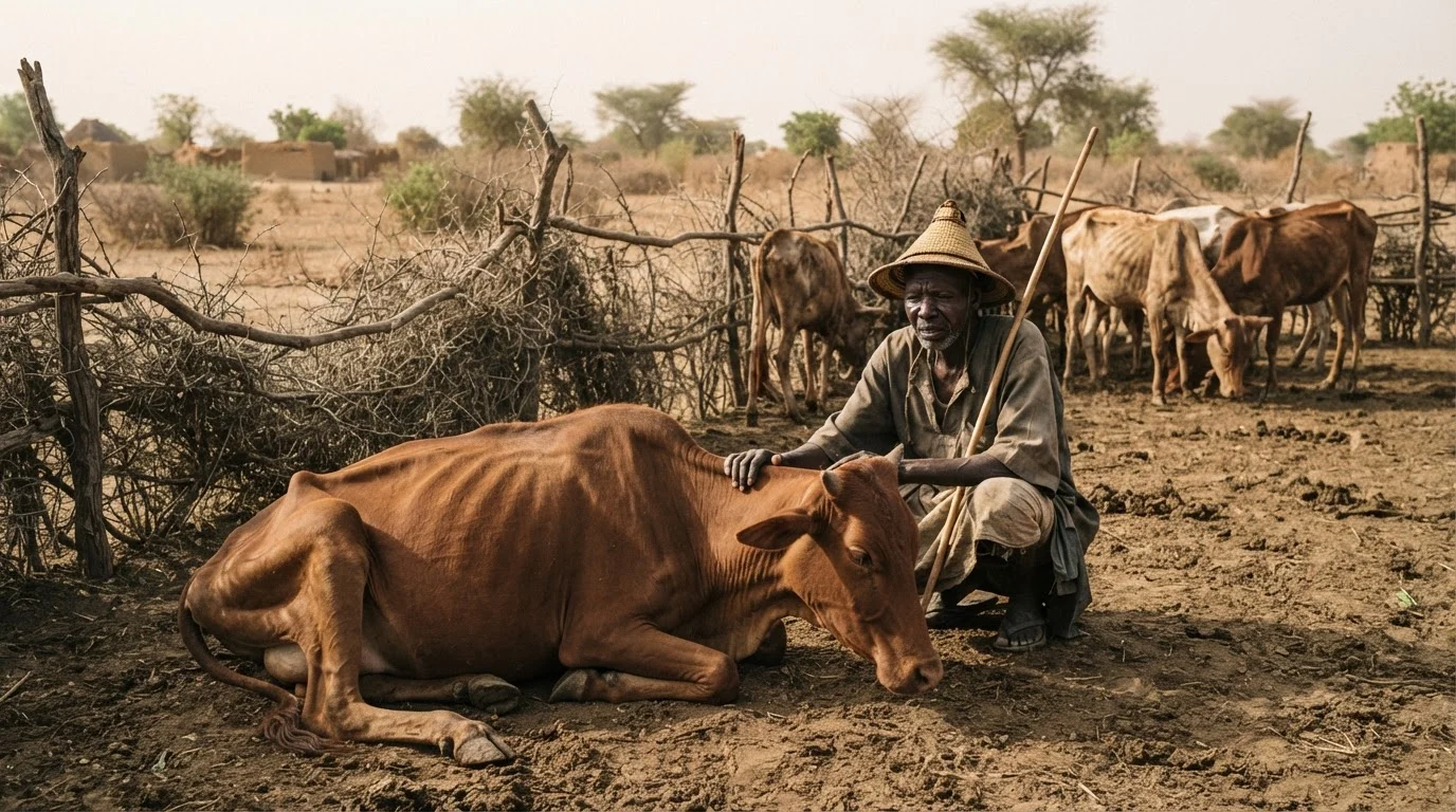 A herd owner standing over a cow lying down after a disease event