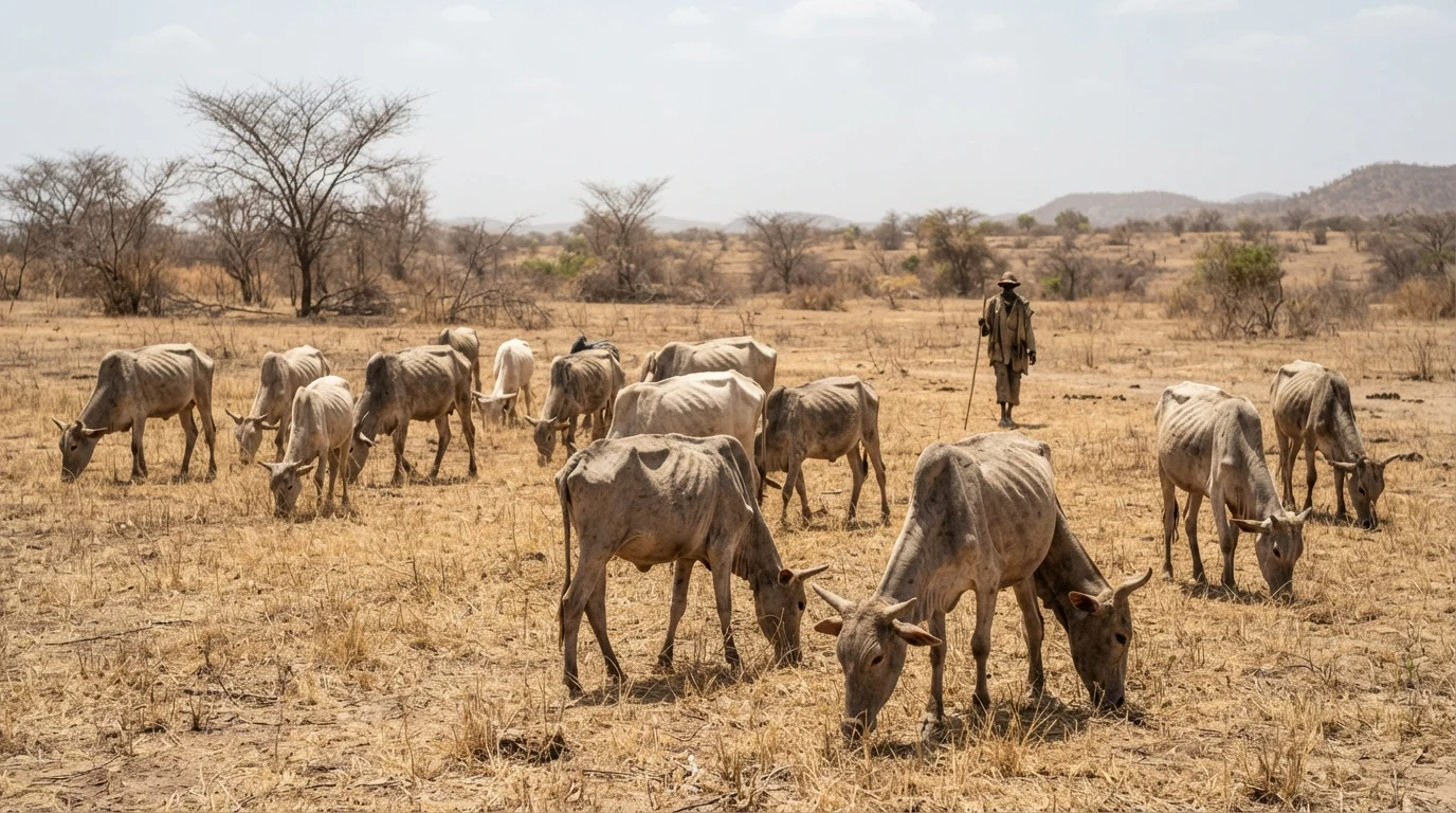 A herd grazing a browned-off dry-season field where the grass has lost its protein