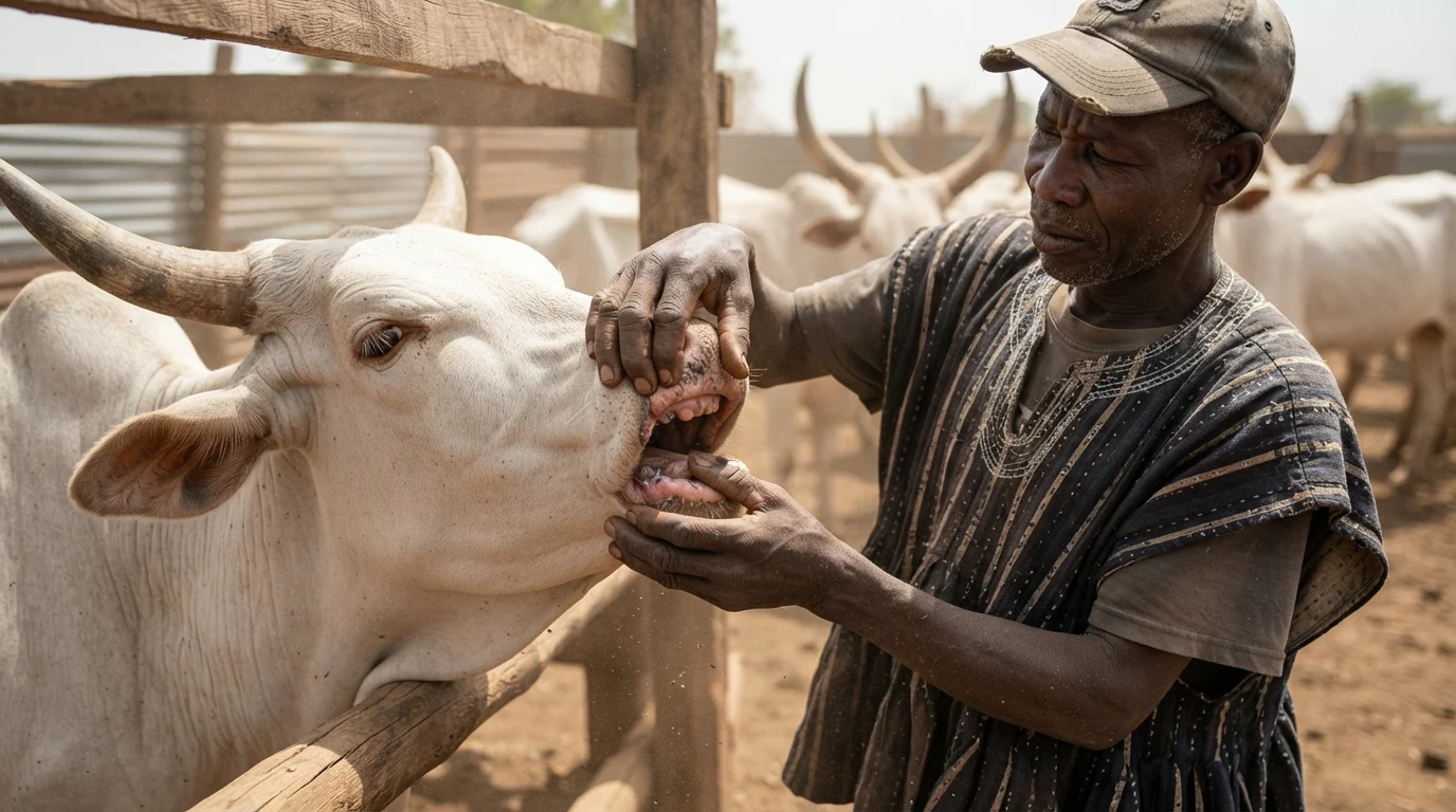 A handler holding a cow's mouth open to check for foot-and-mouth lesions