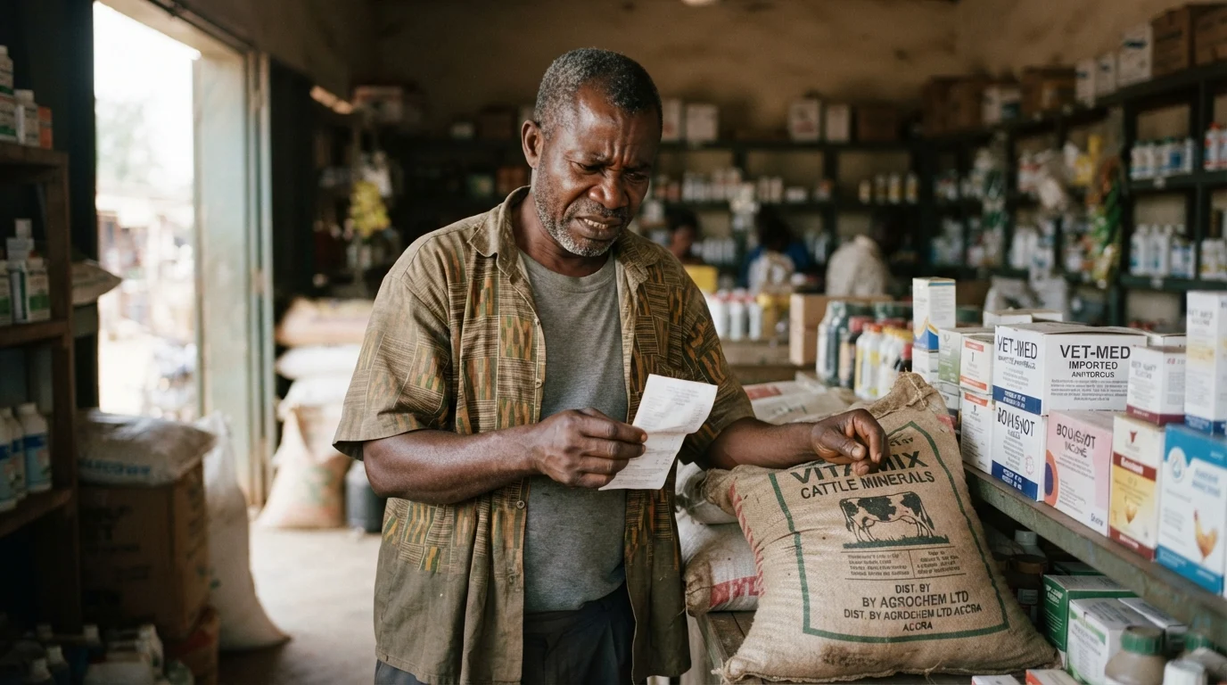 A trader holding a paper of figures as a cedi swing moves the live-cattle price under him