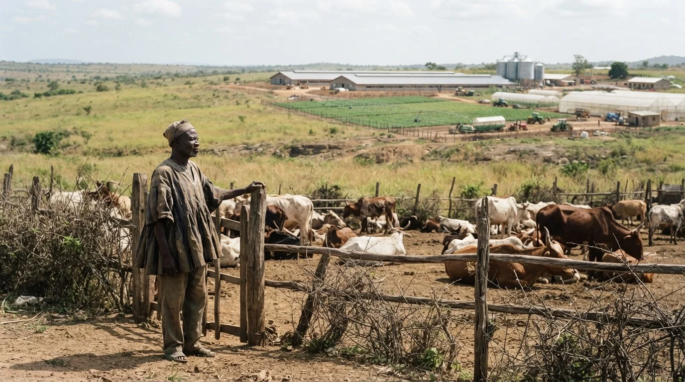 A herd owner standing at a fence beside his cattle, waiting on state support that is not coming
