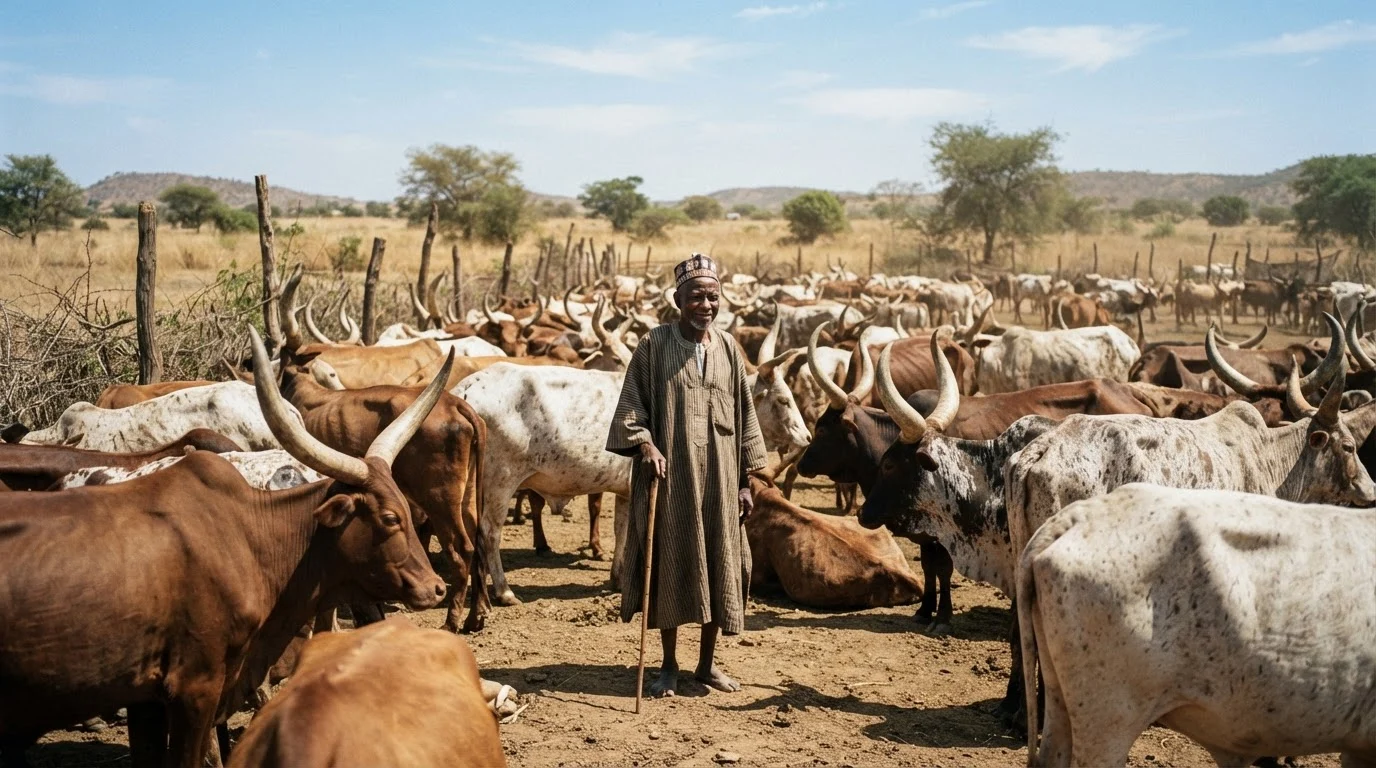 A herder standing in front of his cattle, animals held as savings rather than sold when ready
