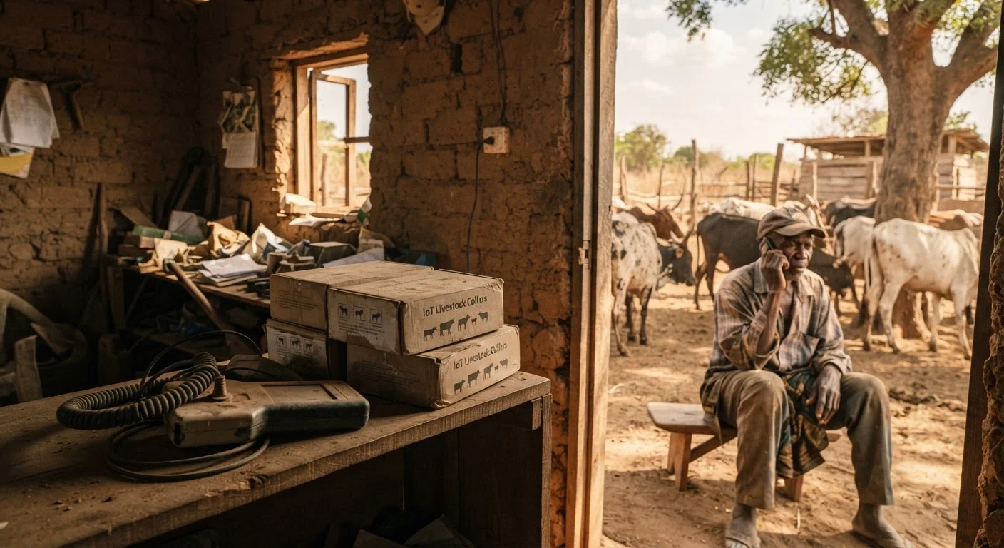An unused RFID ear-tag reader and IoT collar boxes gathering dust at a Ghanaian cattle post while a herder uses a basic feature phone, documentary photograph