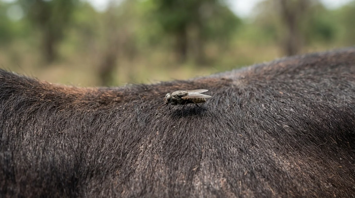 A biting fly resting on the back of a grazing animal in the tsetse belt